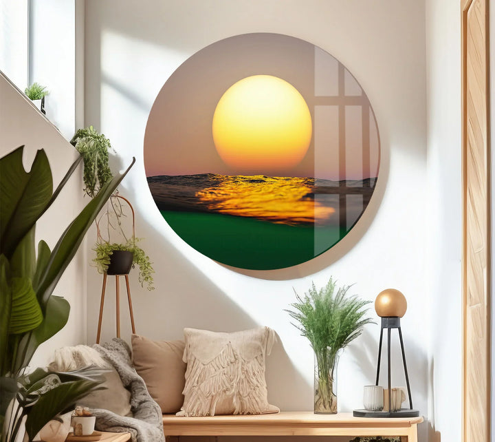 Golden Ocean Sunset Wall Art – Minimalist Sun over Water Glass Print for Modern Spaces - MyPhotoStation