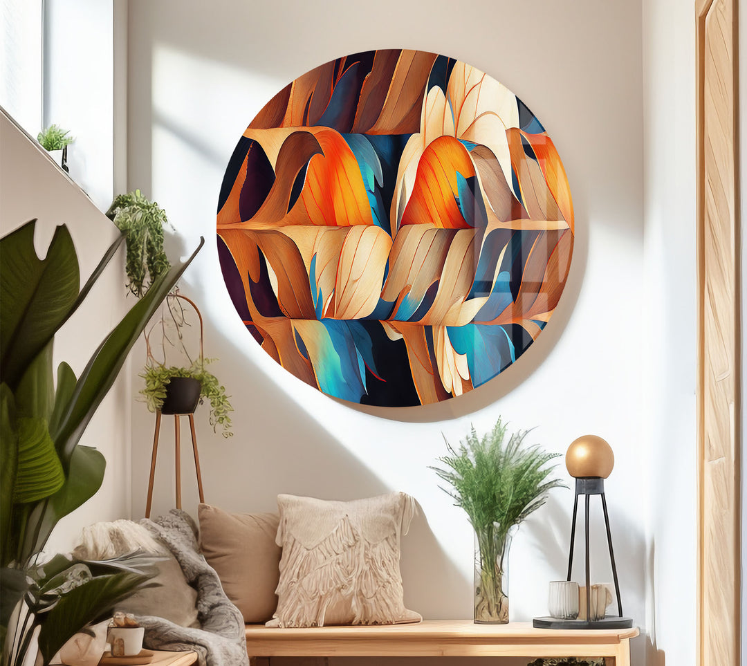 Abstract Feather Flow Glass Wall Art – Earthy Orange & Teal Nature Design