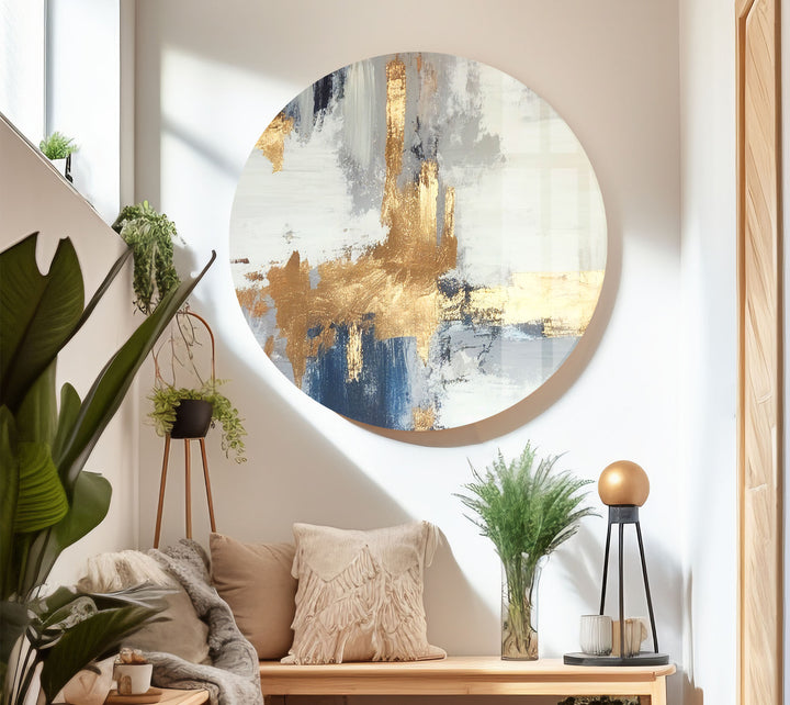 Navy Gold Brushstroke Wall Art – Modern Abstract Glass Print Décor