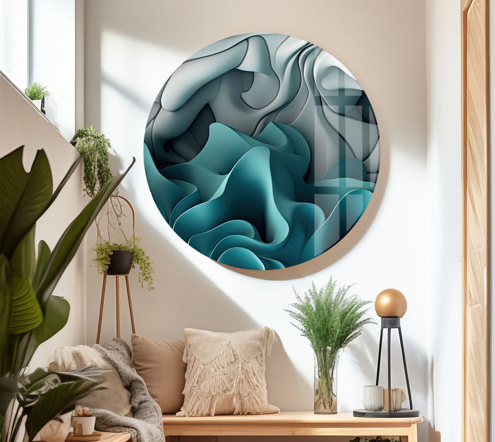 Aqua Dreamscape Wandkunst – Blaugrüner und grauer abstrakter Glasdruck 