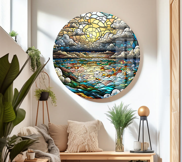 Serene Ocean Sunset Stained Glass Wall Art – Coastal Landscape Window Design