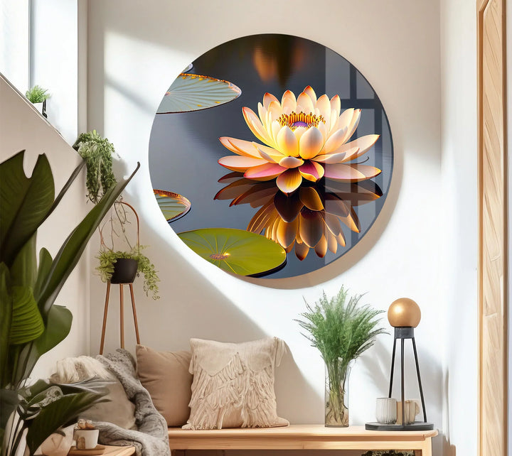 Golden Lotus Flower Wall Art – Tranquil Glass Print with Water Reflection for Zen, Spa, and Minimalist Interiors - MyPhotoStation