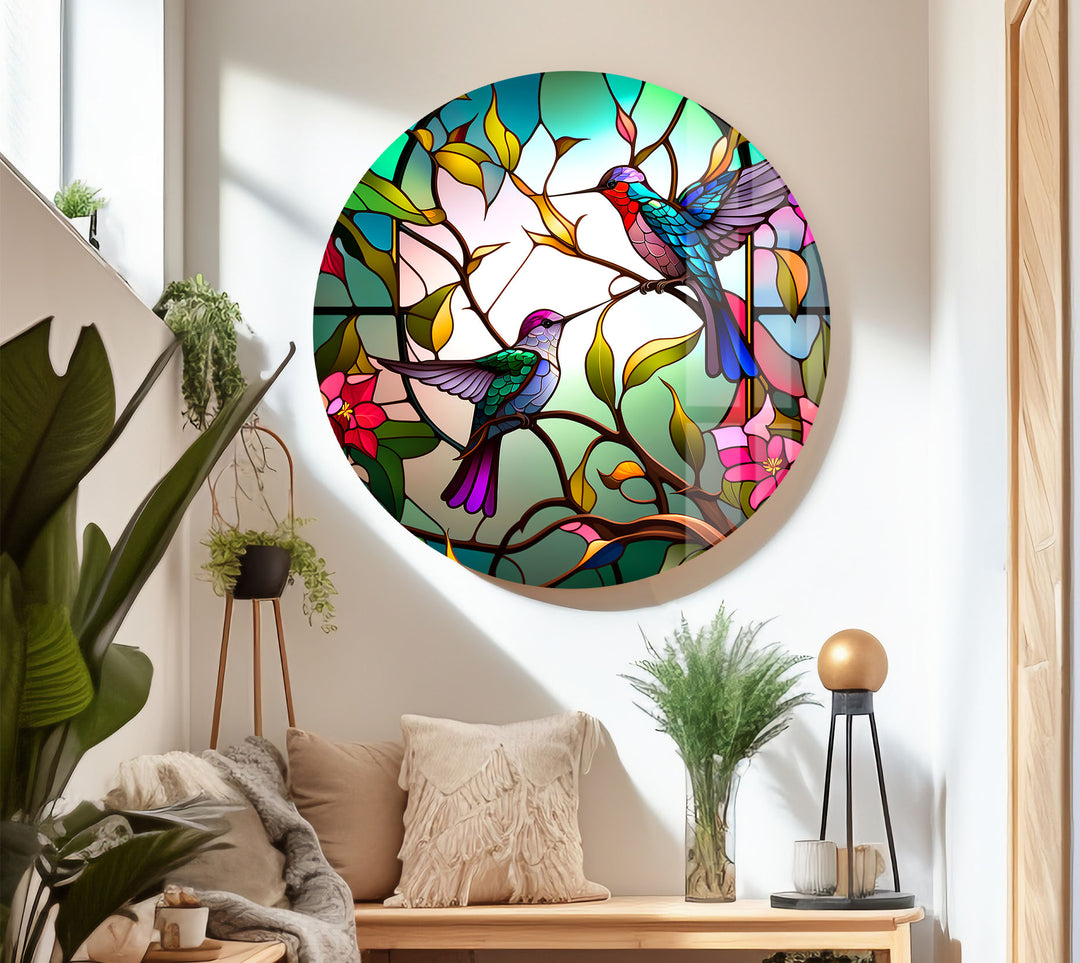 Hummingbirds Stained Glass Wall Art – Colorful Bird & Branch Glass Print