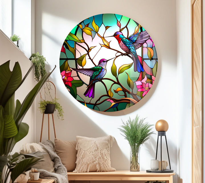 Hummingbirds Stained Glass Wall Art – Colorful Bird & Branch Glass Print