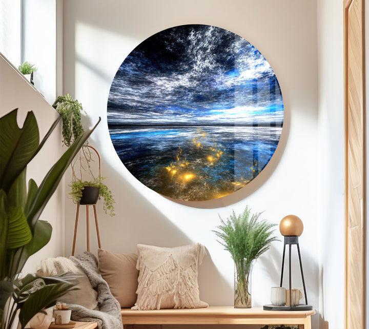 Celestial Ocean Light Wall Art – Abstract Blue and Gold Horizon Glass Print