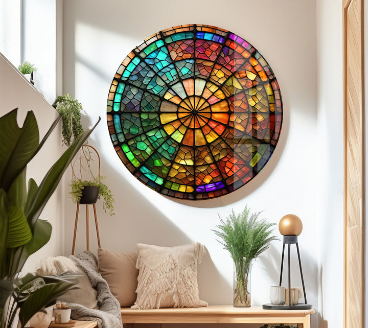 Radiant Wheel Mosaic Stained Glass Wall Art – Colorful Circular Window Decor