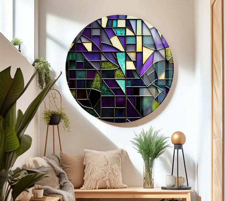 Modern Abstract Stained Glass Wall Art – Purple & Gold Geometric Decor