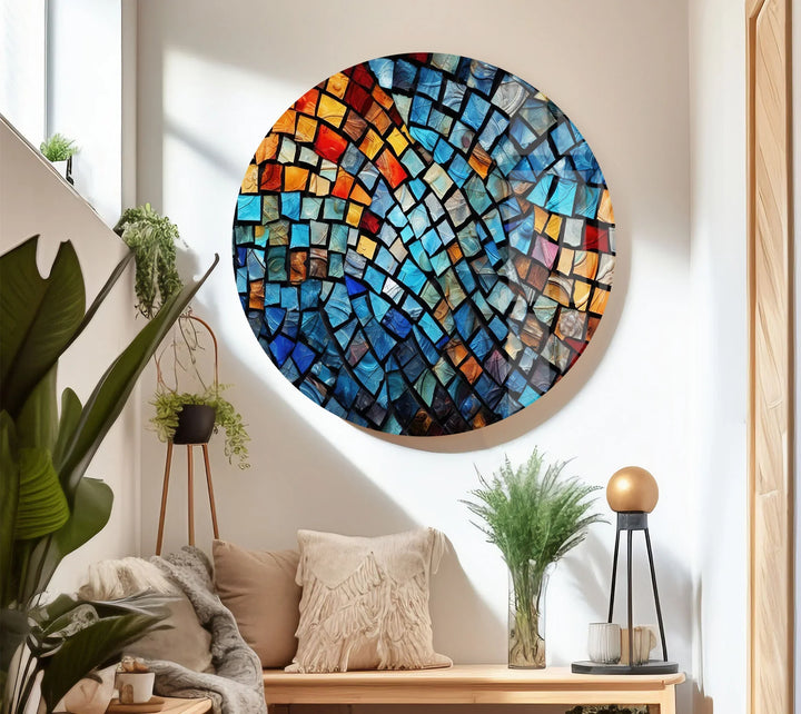 Vibrant Mosaic Wave Glass Wall Art – Colorful Abstract Squares Decor - MyPhotoStation