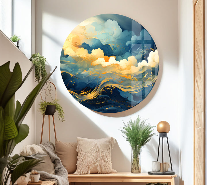 Goldener Himmel &amp; Meereswellen Wandkunst – Abstrakter Glasdruck von Dreamy Horizon 