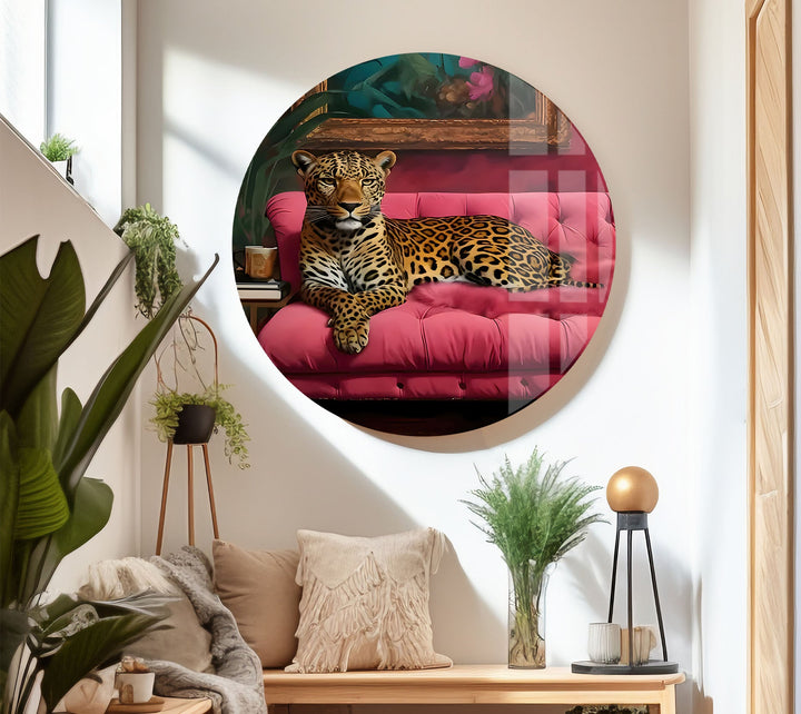 Leopar Sitting on Pink Seat Glass Wall Art custom glass pictures, glass art prints
