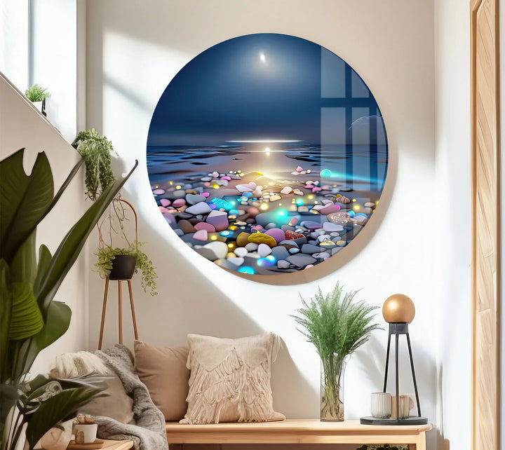 Colorful Pebble Beach at Sunset – Dreamy Ocean Glass Wall Art for Modern Decor - MyPhotoStation