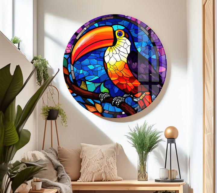 Tukan-Wandkunst aus Buntglas – Lebendiges Glasdruckdesign mit tropischem Vogel