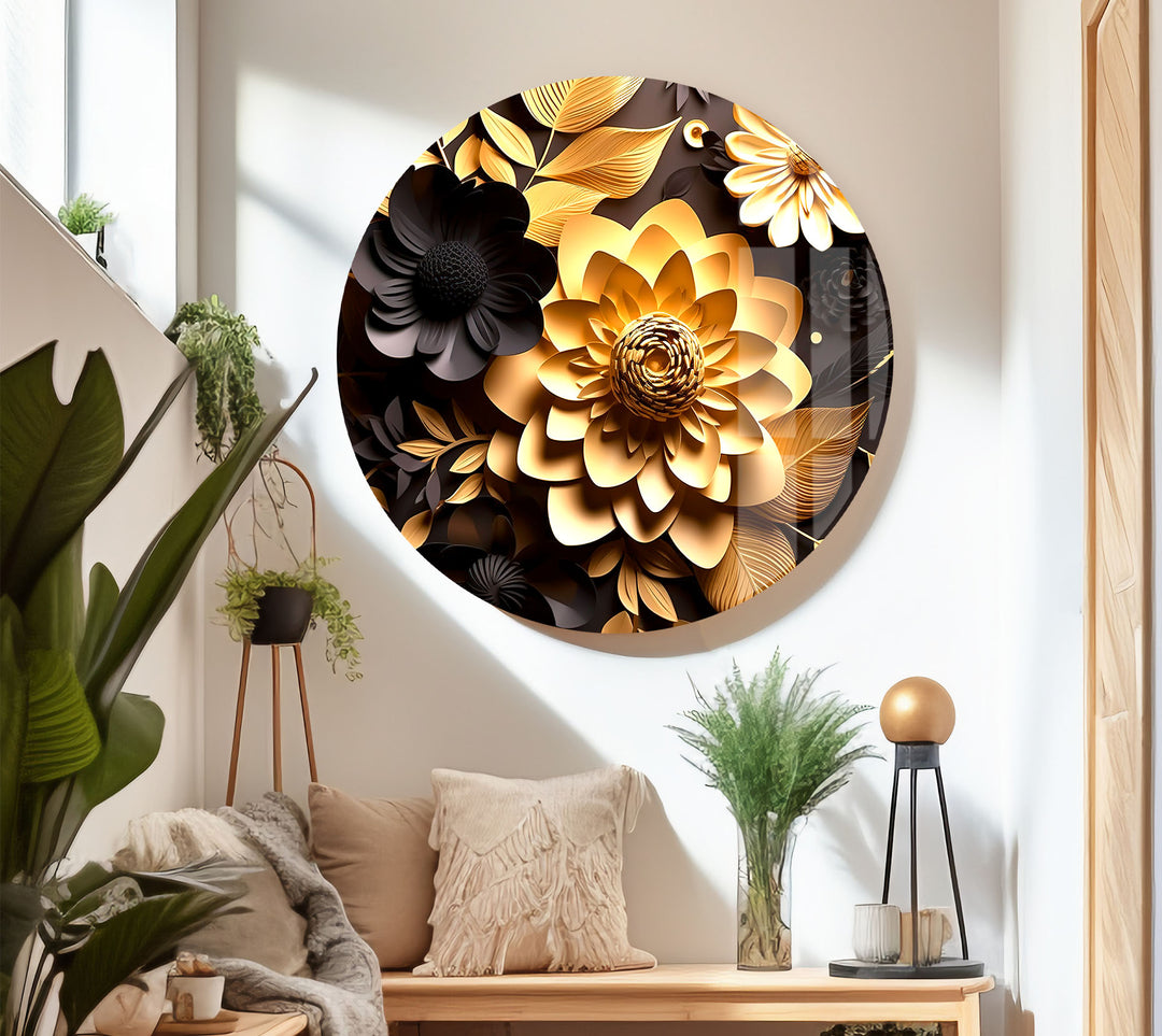 Golden Bloom Florale Wandkunst – Dekor aus gehärtetem Glas in Schwarz und Gold