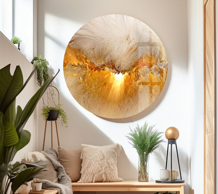 Golden Feather Storm Wall Art – Abstract Light Burst Glass Print