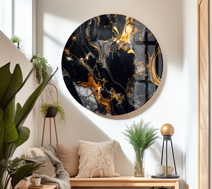 Black Marble Gold Flow Wall Art – Luxury Abstract Glass Print for Modern Interiors