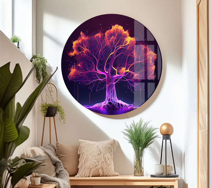 Neon Digital Tree Wandkunst – Futuristischer leuchtender Lichtnetzwerk-Glasdruck