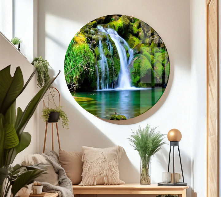 Forest Waterfall Wall Art – Serene Glass Landscape Print with Lush Green Moss and Crystal Clear Stream for Nature-Inspired Interiors - MyPhotoStation