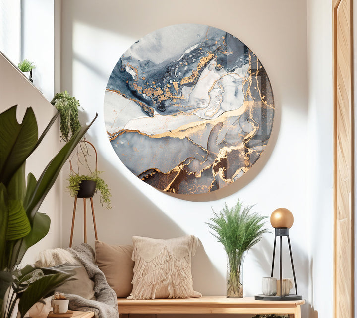 Luxury Blue & Gold Marble Wall Art – Elegant Abstract Glass Print