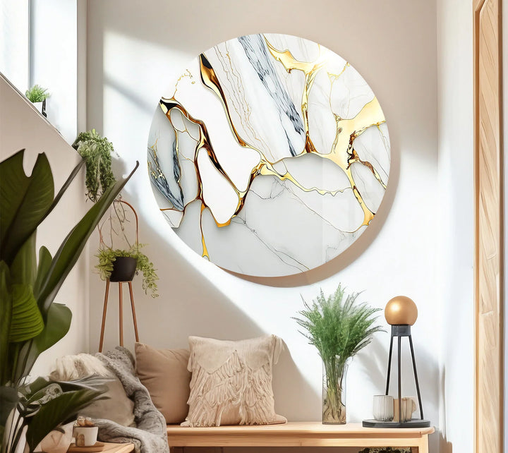 Gold Vein Marble Wall Art – Elegant White Glass Print with Metallic Cracks for Modern Luxe Interior Decor - MyPhotoStation