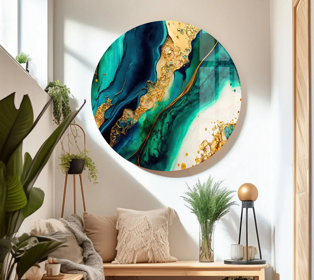 Ocean Gold Abstract Wall Art – Luxurious Glass Print in Deep Teal, Turquoise, and Metallic Gold for Elegant Interiors - MyPhotoStation