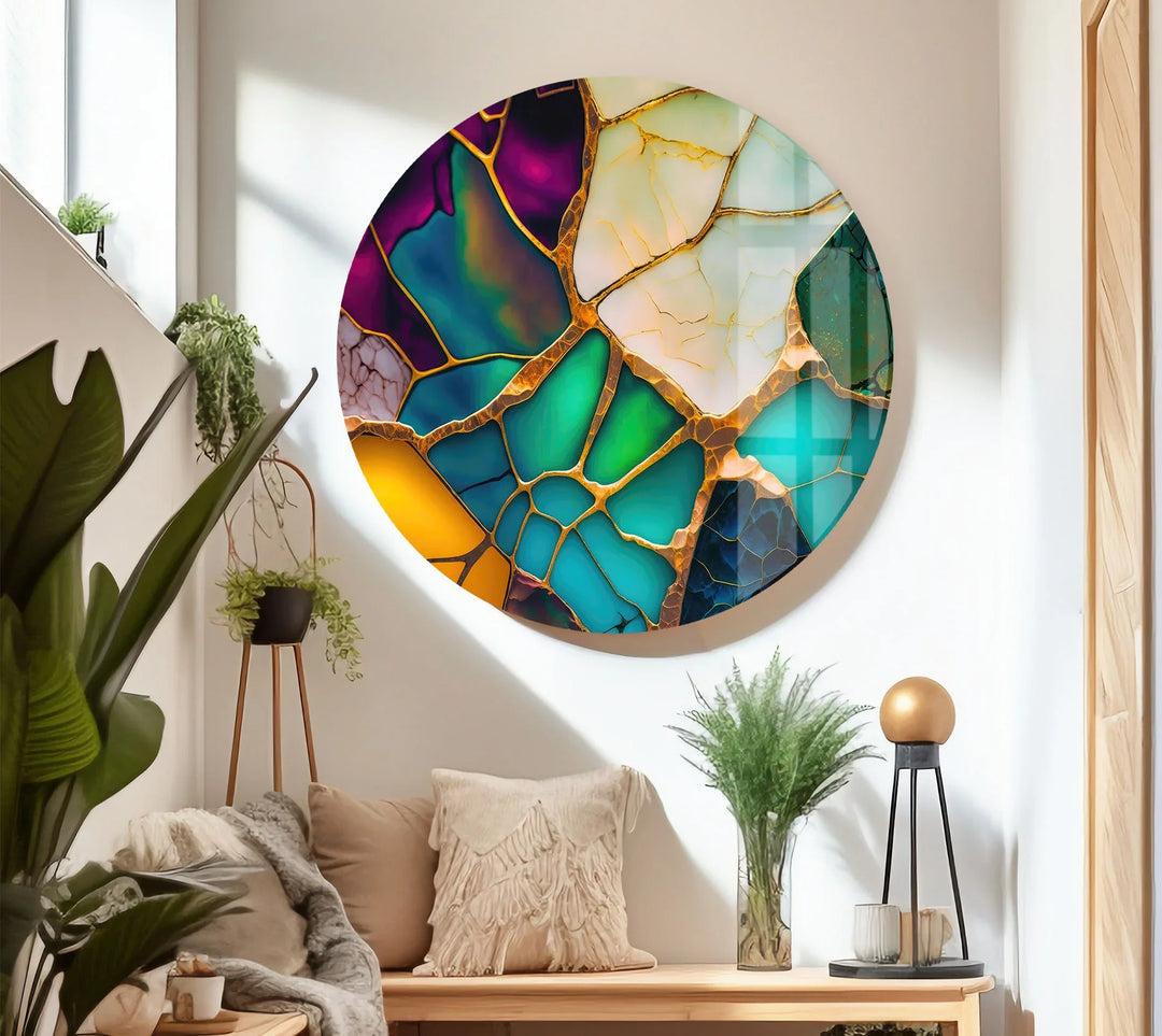 Colorful Abstract Stained Glass Wall Art – Golden Fractured Modern Glass Print - MyPhotoStation