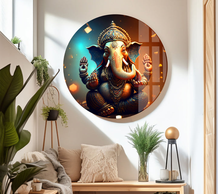 Golden Lord Ganesha Wall Art – Spiritual Glass Print for Sacred Decor