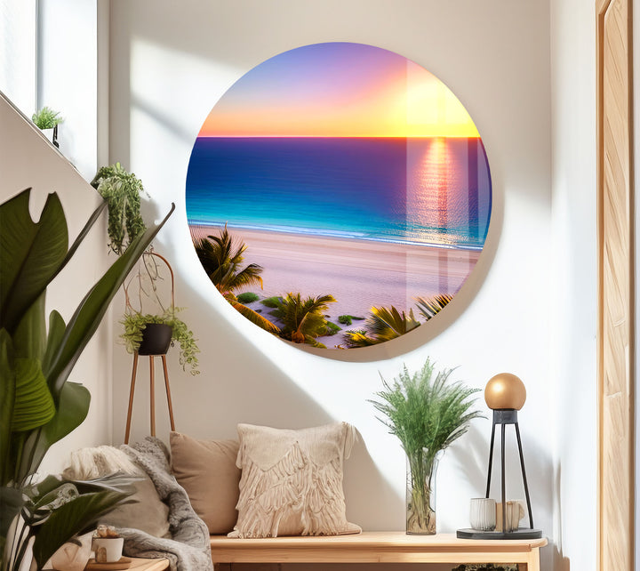 Tropischer Strand Sonnenuntergang Wandkunst – Lebendiger Ozeanhorizont Glasdruck