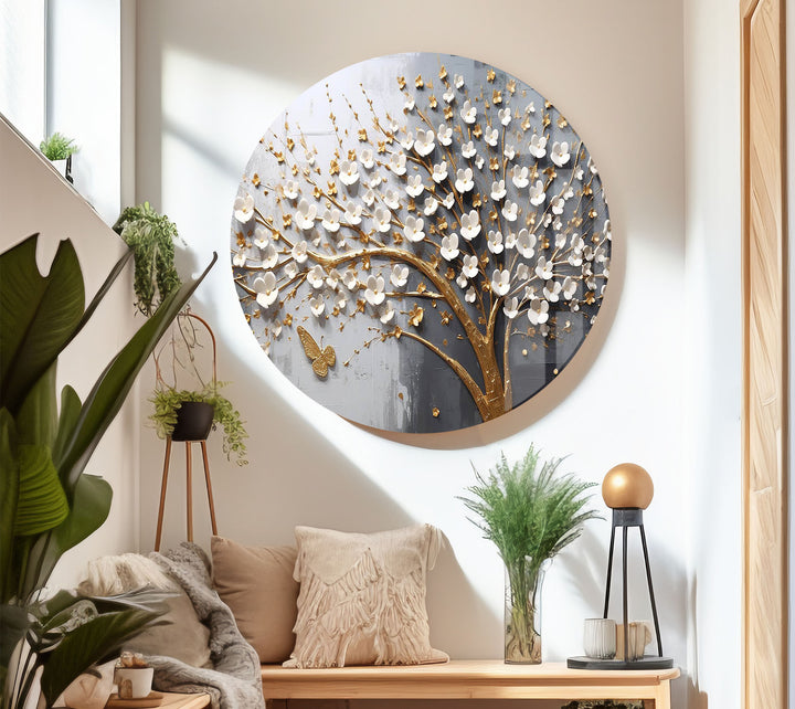 Golden Cherry Blossom Tree Wall Art – 3D Floral Glass Print with Butterflies