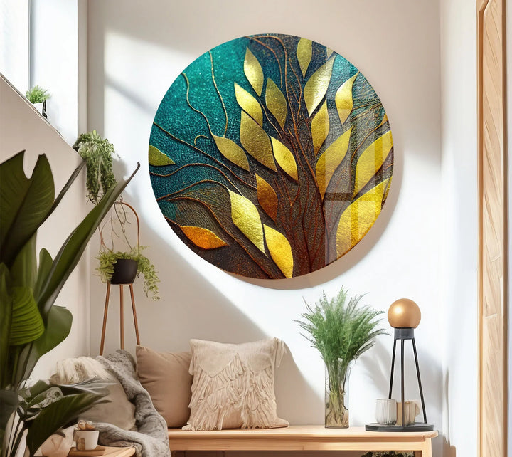 Golden Leaf Tree Glass Wall Art – Elegant Botanical Design with Teal & Amber Accents - MyPhotoStation
