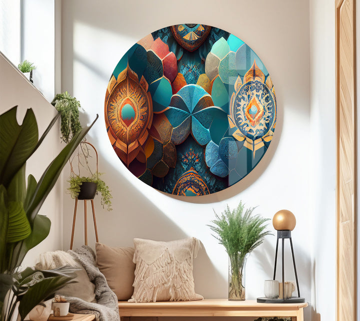 Luxuriöse Mandala-Wandkunst aus Glas – Abstraktes geometrisches Blumendesign