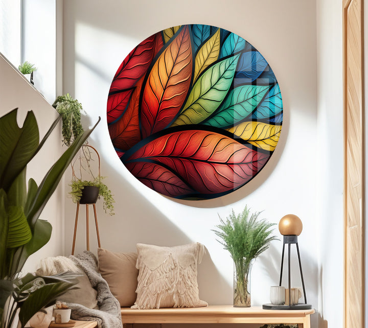 Vibrant Rainbow Leaves Wall Art – Colorful Abstract Glass Print