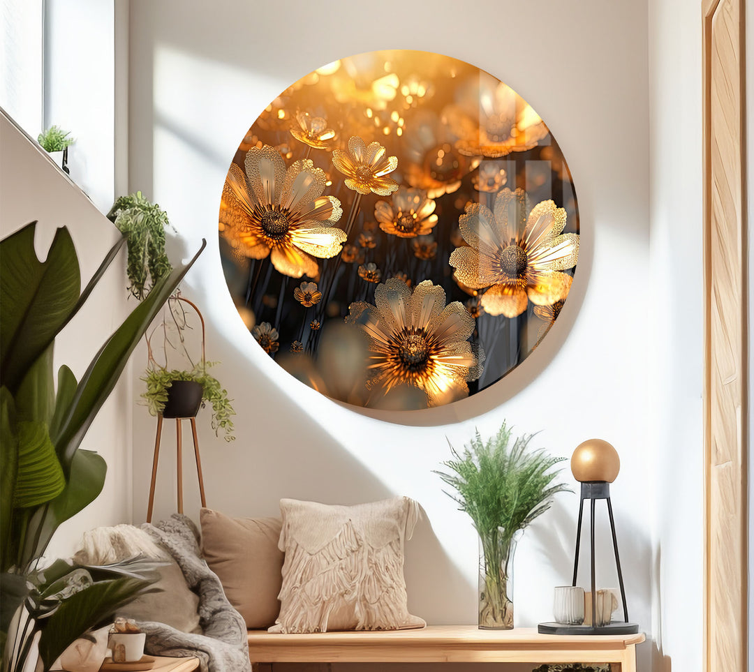 Goldene Gänseblümchenblüten-Wandkunst aus Glas – Strahlende florale Eleganz 