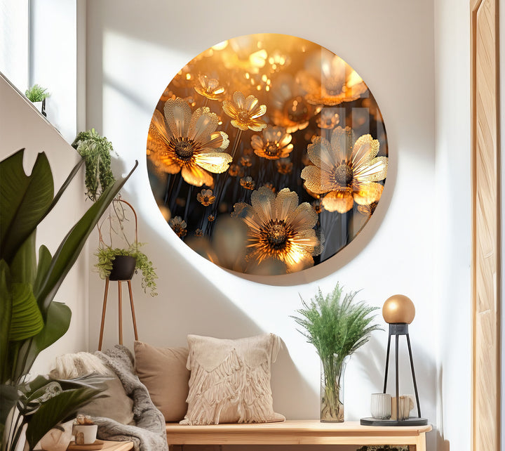 Goldene Gänseblümchenblüten-Wandkunst aus Glas – Strahlende florale Eleganz 