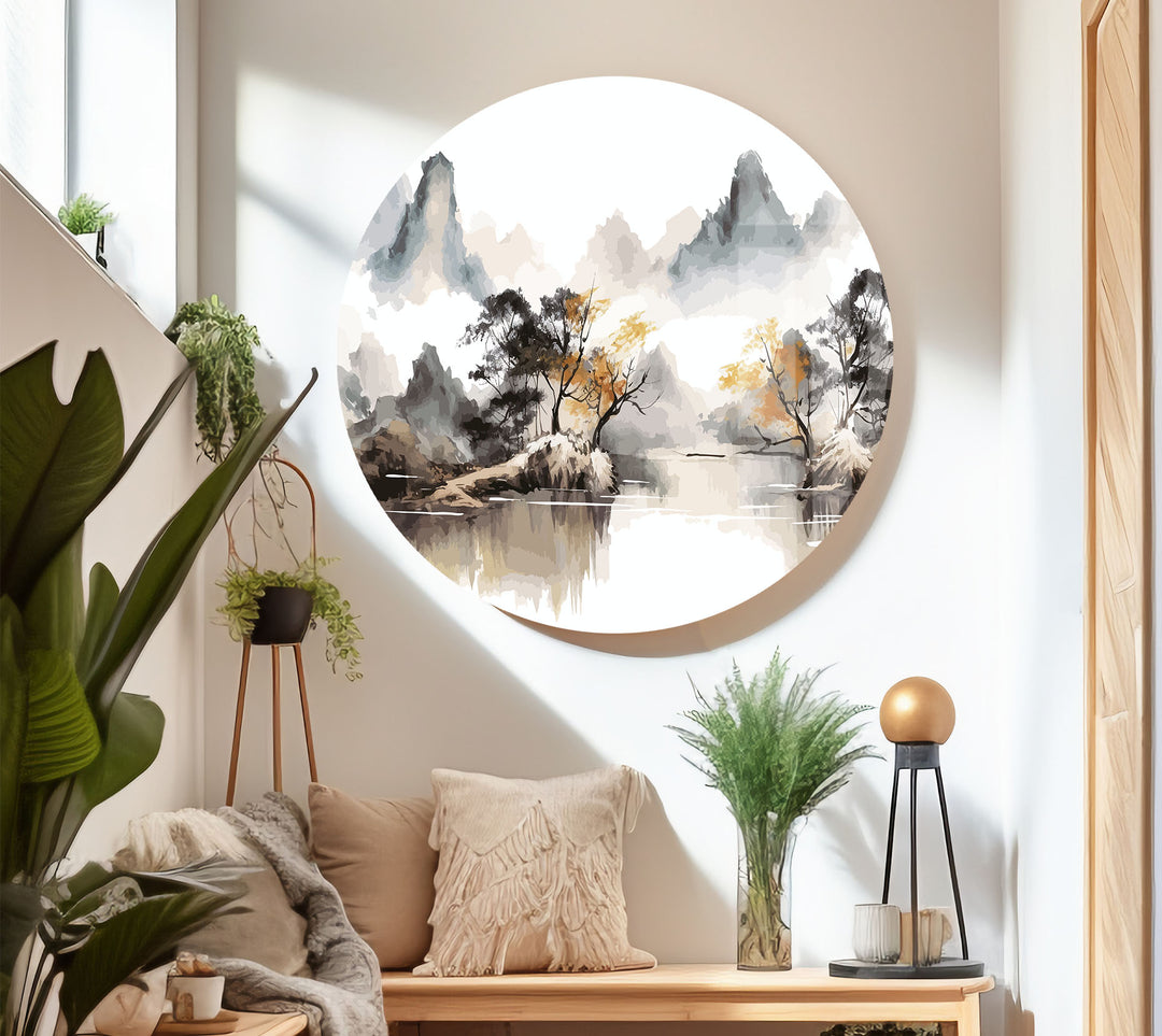 Serene Mountain Lake Wall Art – Asian Landscape Ink Style Glass Print