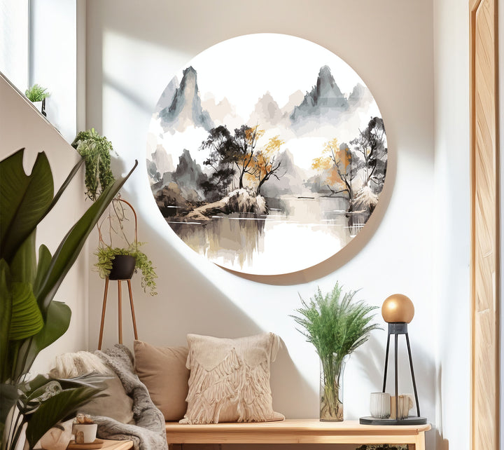 Serene Mountain Lake Wall Art – Asian Landscape Ink Style Glass Print