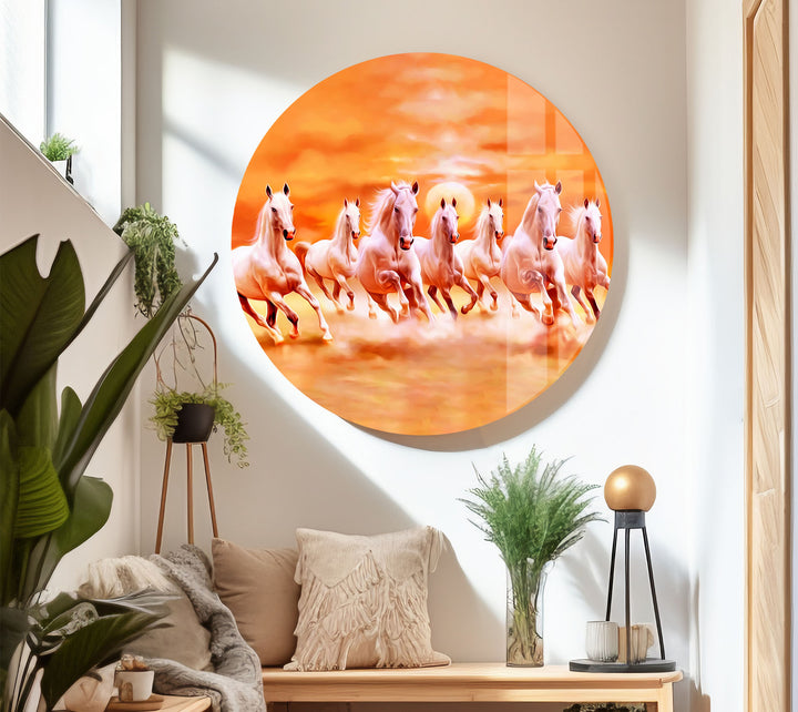 Wandkunst mit sieben laufenden Pferden – Spirituelle Sonnenaufgangsszene, Glasdruck
