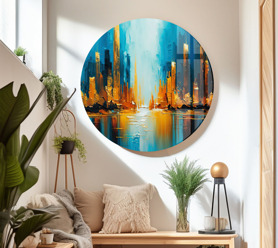 Blue and Gold Abstract City Wall Art – Vibrant Skyline Glass Print