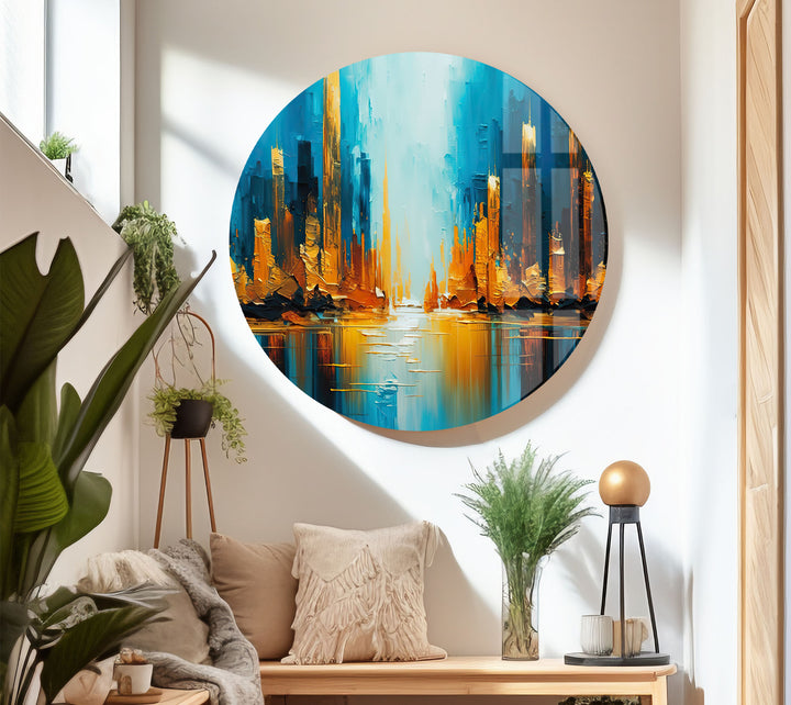 Blue and Gold Abstract City Wall Art – Vibrant Skyline Glass Print