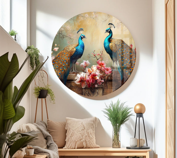 Elegant Peacock Wall Art – Floral Tempered Glass Print for Luxury Interiors