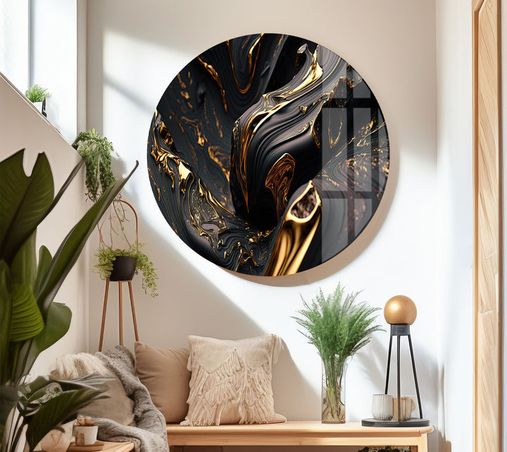 Black Gold Swirl Wall Art – Luxury Abstract Fluid Glass Print for Interiors