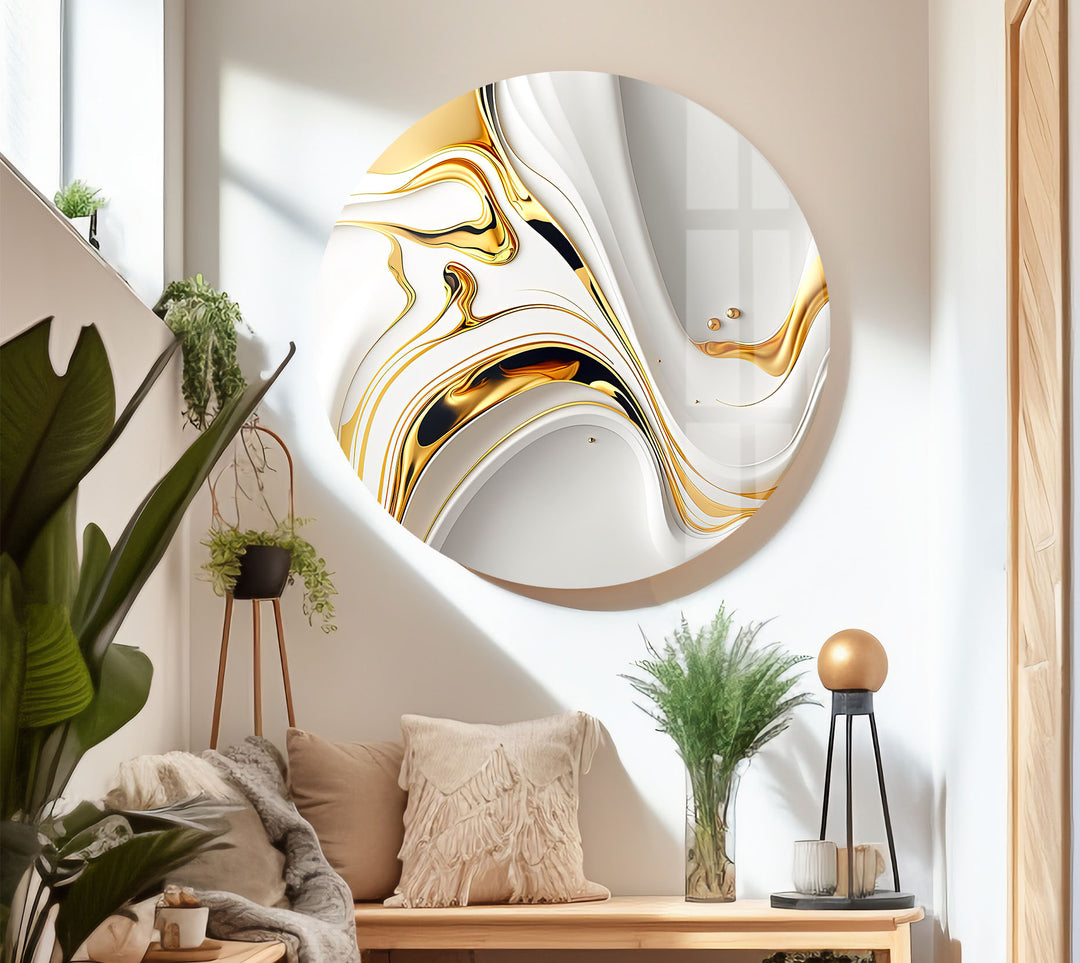 White Gold Fluid Wall Art – Modern Abstract Glass Print for Interior Elegance