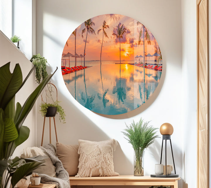 Luxury Tropical Sunset Wall Art – Infinity Pool & Palm Tree Glass Print for Coastal and Resort-Inspired Interiors