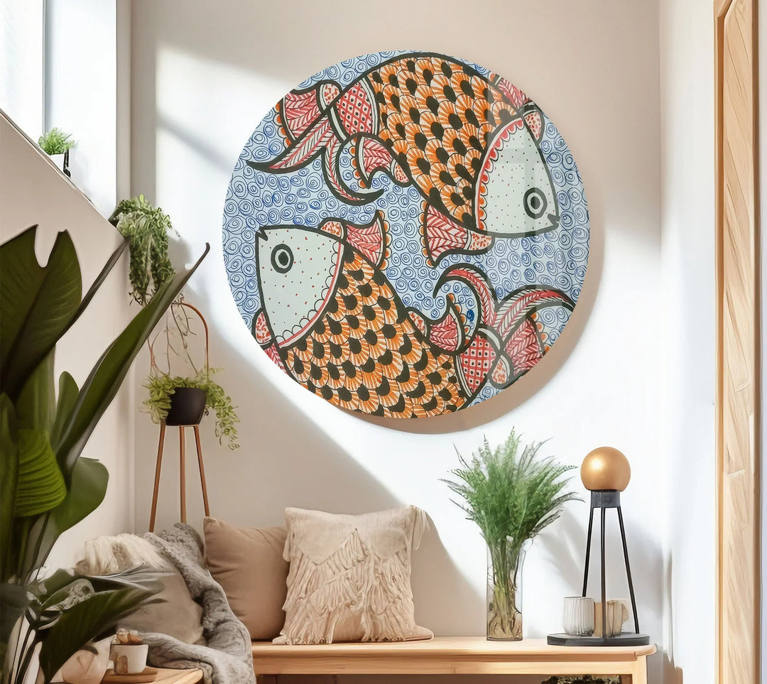 Traditional Folk Art Fish Wall Decor – Vibrant Indian Style Glass Print - MyPhotoStation