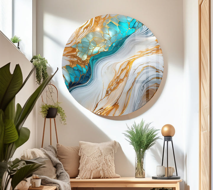 Luxuriöse Wandkunst aus goldenem und türkisfarbenem Marmor – Abstraktes, fließendes Design für moderne Innenräume