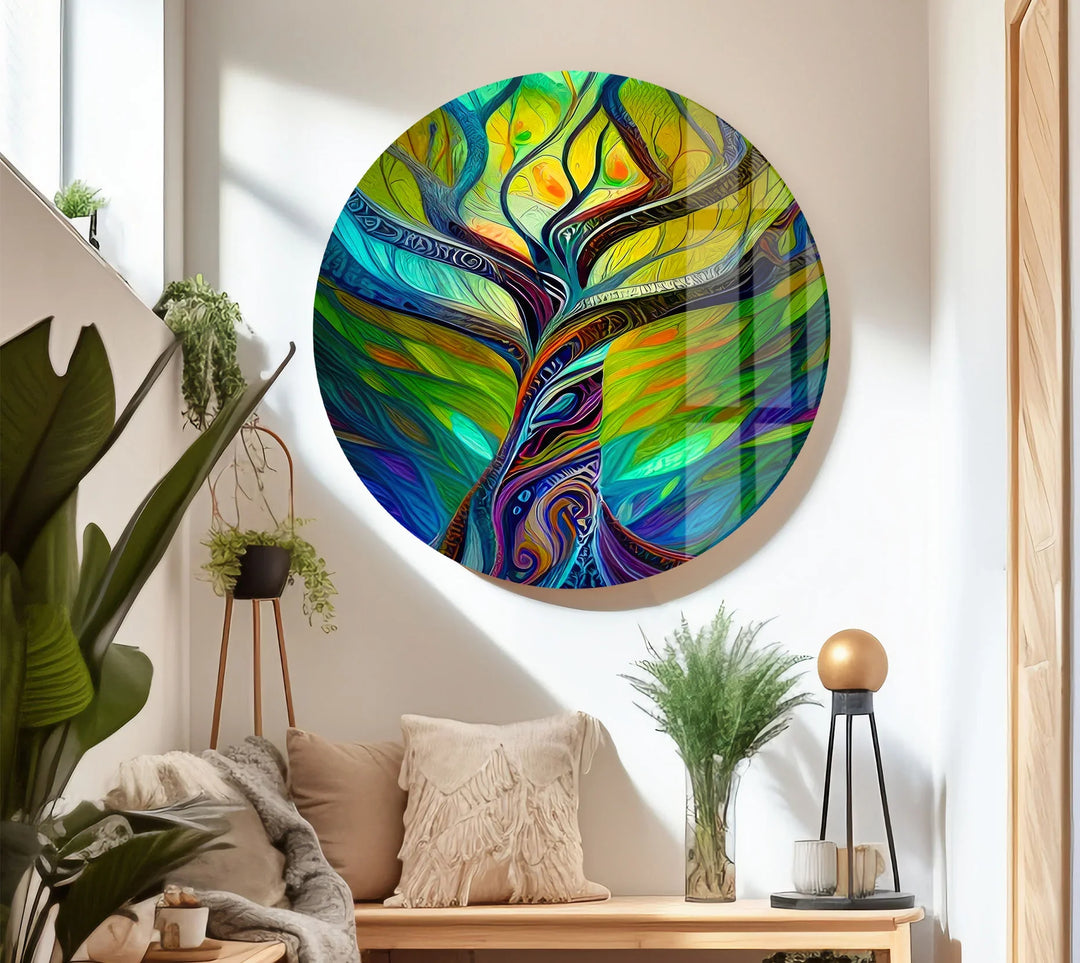 Psychedelic Tree Wall Art – Colorful Abstract Glass Print with Swirling Trunk for Modern and Artistic Interiors - MyPhotoStation