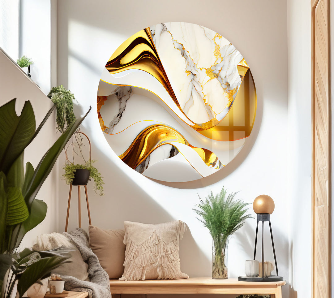 Gold Wave Marble Wall Art – Abstract Glass Print for Luxe Interiors