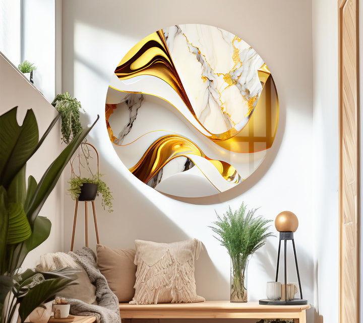 Gold Wave Marble Wall Art – Abstract Glass Print for Luxe Interiors