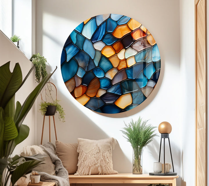 Wandbild mit Buntglasmuster – Abstrakter blauer und bernsteinfarbener Glasdruck 