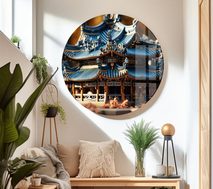 Traditional Asian Temple Wall Art – Blue Pagoda Architecture Glass Print for Cultural Decor