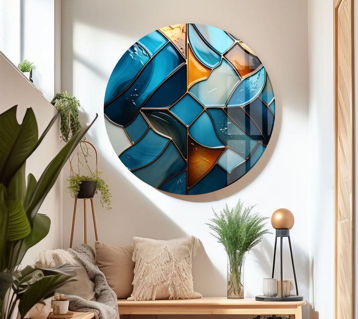 Blue Stained Glass Wall Art – Abstract Mosaic Glass Print Decor
